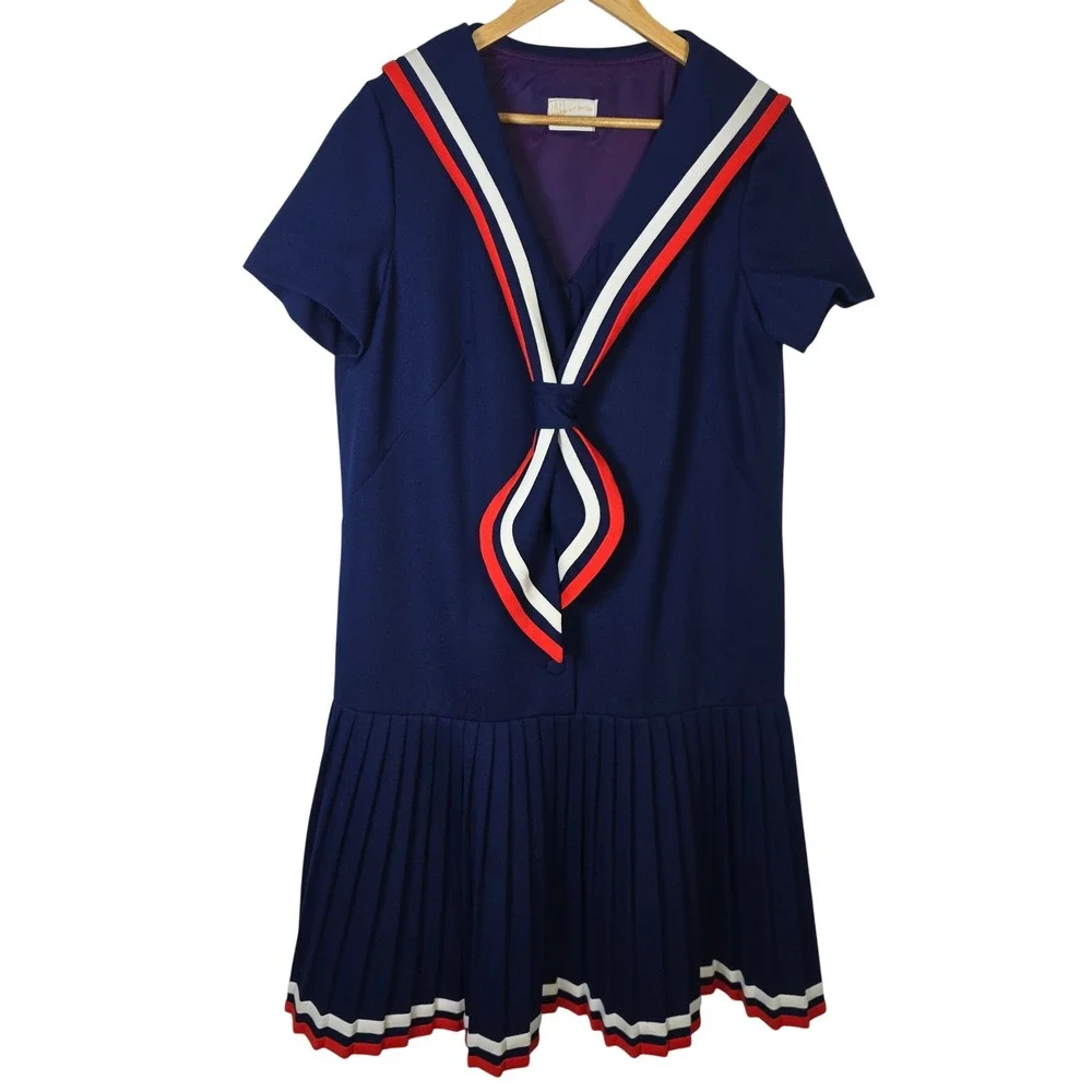 Vintage Lane Bryant Over 5'7" Shop Sailor Dress Navy Blue Pleated 44 Chest - Picture 1 of 5